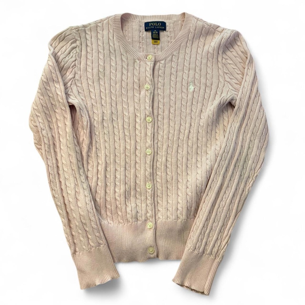 Polo Ralph Lauren Girls Pink Cable Knit Cardigan Sweater Size M 8-10